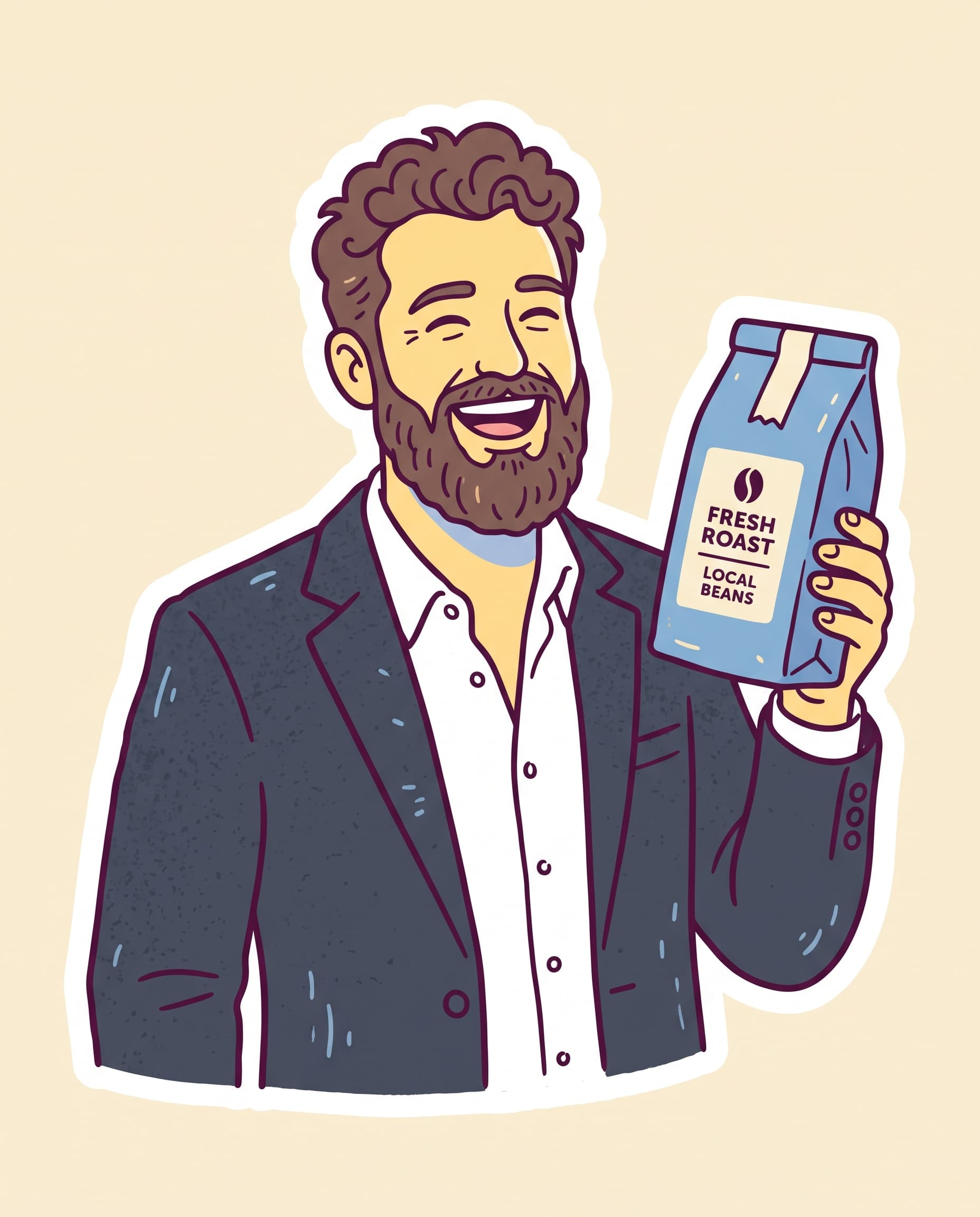 Illustration of Marcus Bell, founder of Bluebird Roasters, holding a coffee bag